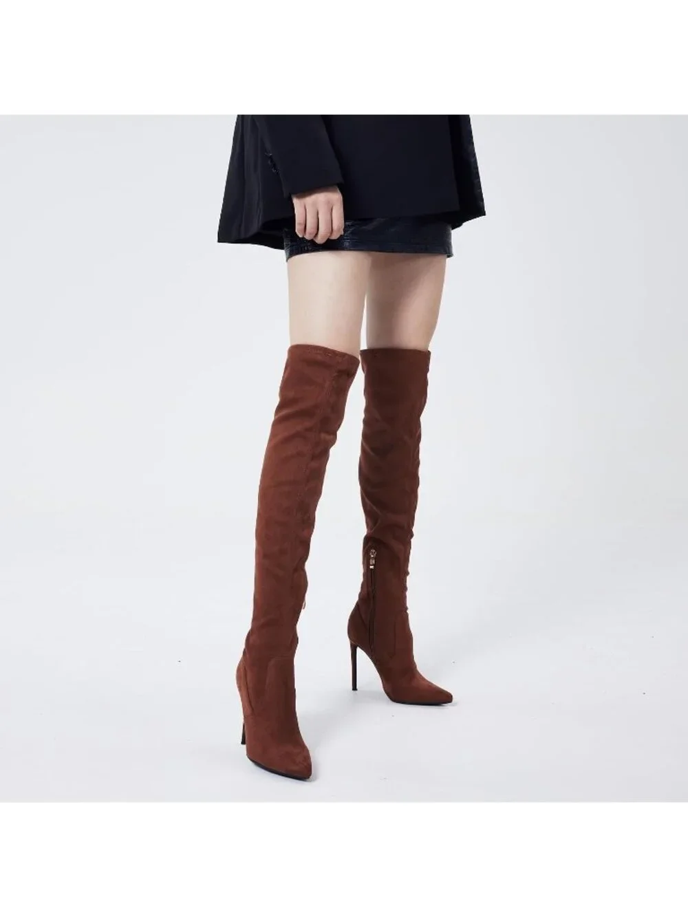 Women's Brown Suede Pointed Toe Suede Stiletto Heel Stretch Over The Knee Boots